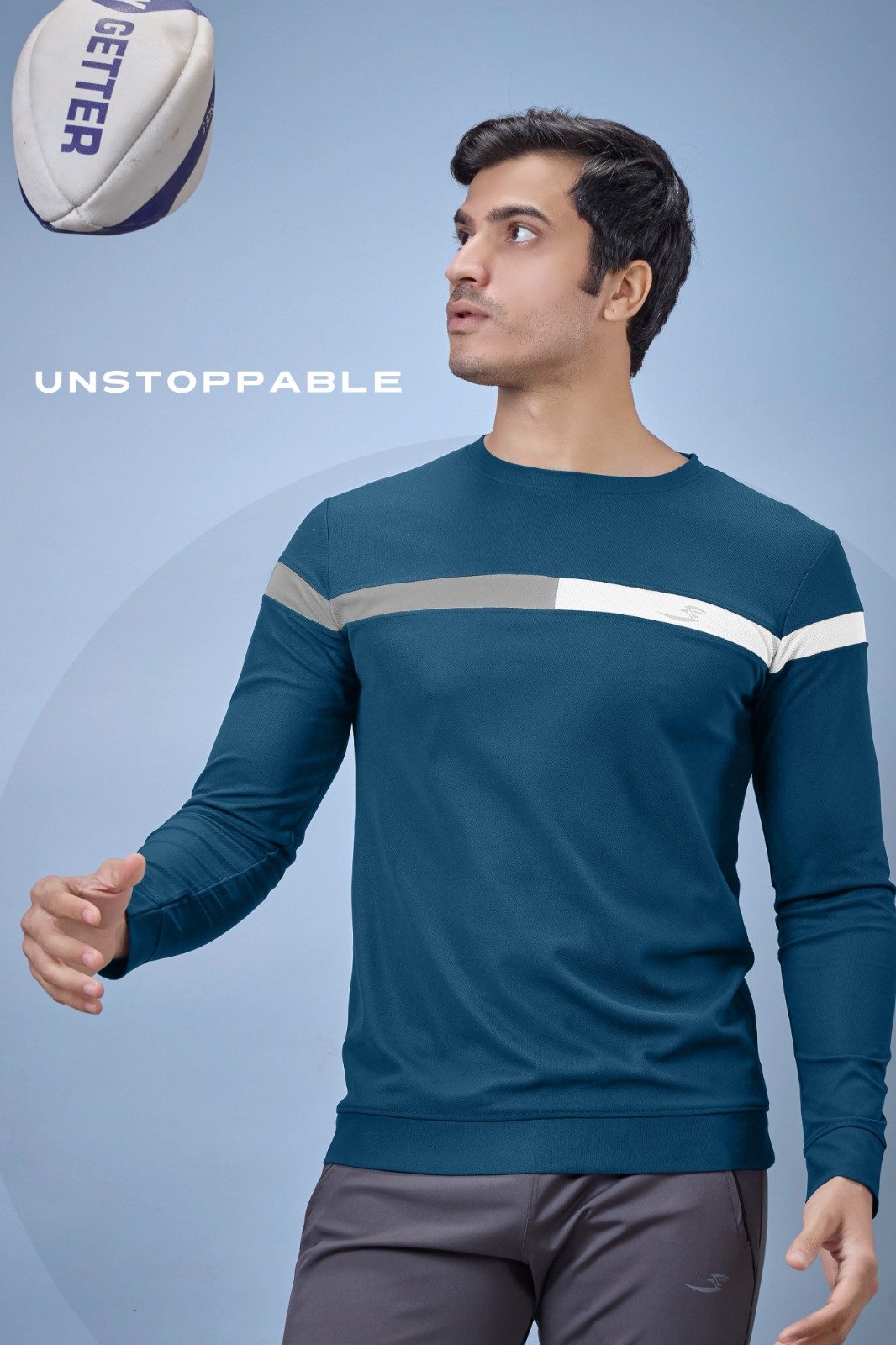 Men Round Neck Full Sleeve T-Shirt - Teal Blue | L | SBT57